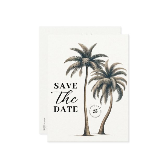 Carte Postale Faire-part Mariage côtier de palmiers tropicaux Enregistrer l (Devant/Arrière en situation)