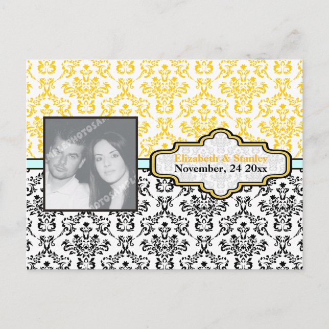 Carte Postale Faire-part Mariage damas noir jaune aqua Enregistrer la Date (Devant)