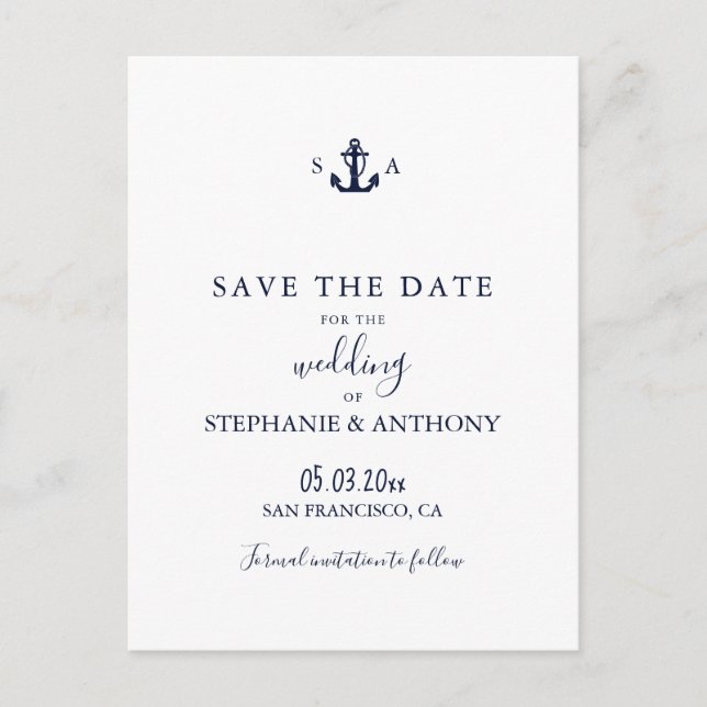 Carte Postale Faire-part Mariage d'Ancre bleu marine Monogram (Devant)
