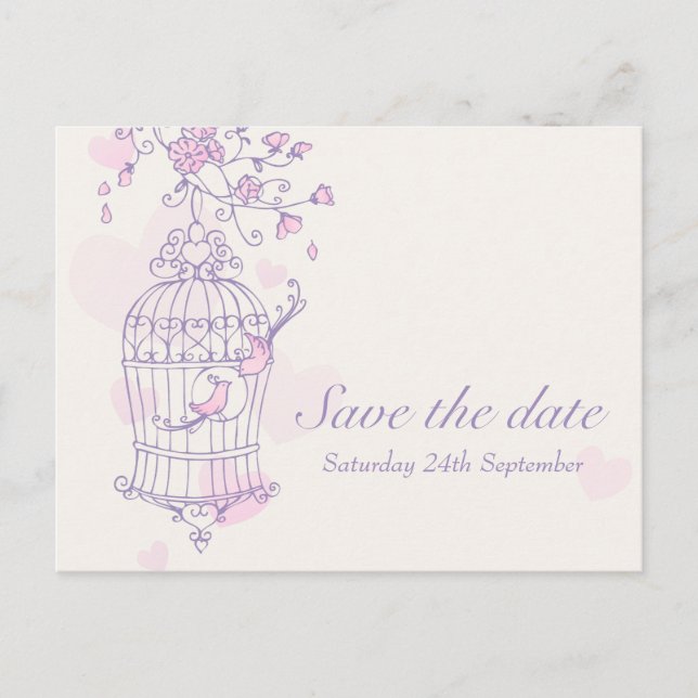 Carte Postale Faire-part Mariage de cage d'oiseau rose violet enregistrer l (Devant)