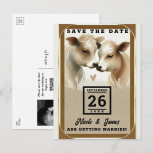 Carte Postale Faire-part Mariage de campagne amour vache marron Crème Enreg