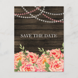 Carte Postale Faire-part Mariage de campagne rustique aux pivoines en bois