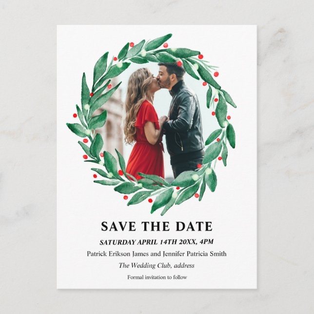 Carte Postale Faire-part Mariage de couronne de Noël d'hiver enregistrer la (Devant)