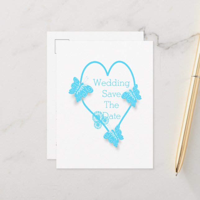Carte Postale Faire-part Mariage De Design Coeur Bleu Et Papillons (Devant/Arrière en situation)