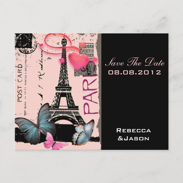 Carte Postale Faire-part mariage de destination tour eiffel rose paris (Devant)