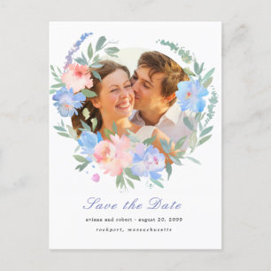 Carte Postale Faire-part Mariage de fleurs roses bleues en forme de couronn