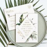 Carte Postale Faire-part Mariage de Foliage tropical Enregistrer la date Or<br><div class="desc">Ce mariage sauver la date carte postale est doté d'aquarelle vert feuillage tropical,  feuilles de palmiers,  feuilles de bananes avec un cadre en diamant doré. Il est parfait pour une plage ou un mariage de destination. >>> Découvrez l'ensemble de la collection >>> https://www.zazzle.com/collections/tropical_foliage_gold_collection-119316977990783186</div>