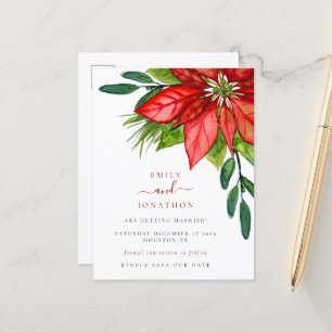 Carte Postale Faire-part Mariage de Noël Poinsettia Feuilles Sauvez la date