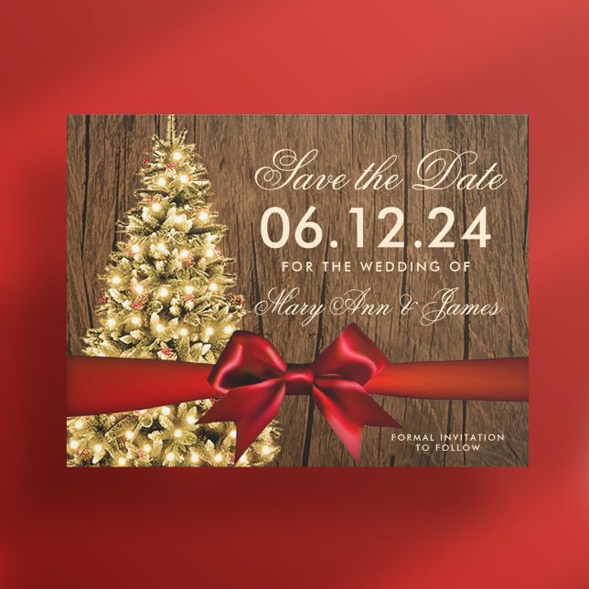 Carte Postale Faire-part Mariage de Noël rustique Enregistrer la date Arbre (Rustic Christmas Wedding Save Date Tree & Ribbon Announcement Postcard)