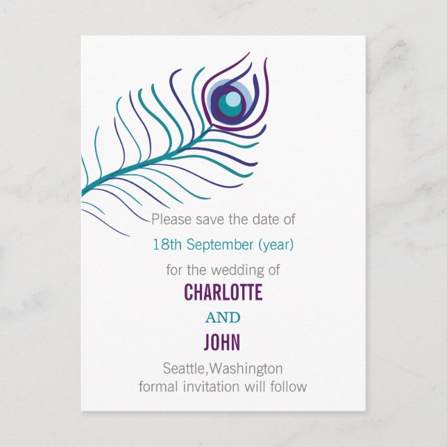 Carte Postale Faire-part Mariage de paon bleu turquoise violet enregistrer  (Devant)