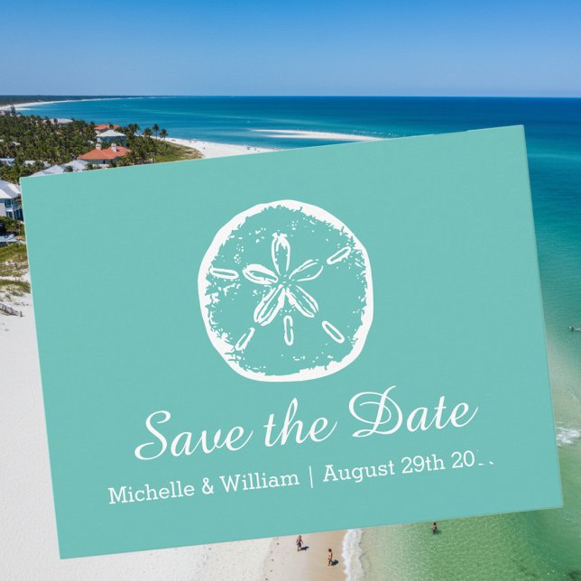 Carte Postale Faire-part Mariage de plage de sable dollar enregistrer les c (save the date beach wedding card with sand dollar logo)