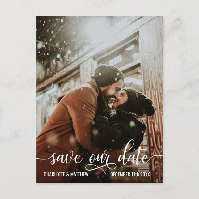 Carte Postale Faire-part Mariage de script blanc moderne SAUVER NOTRE DATE  (Devant)
