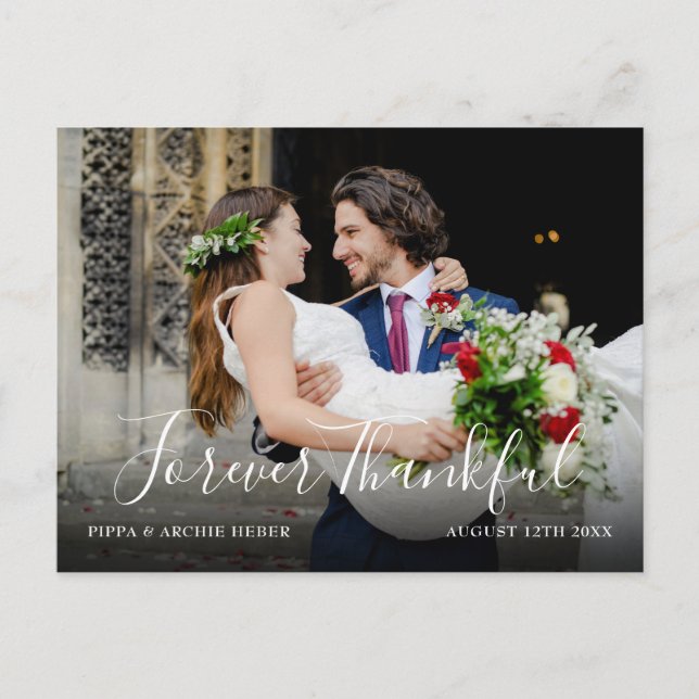 Carte Postale Faire-part Mariage de script chic photo moderne Merci simple (Devant)