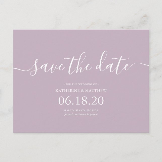 Carte Postale Faire-part Mariage de script Lilac moderne Sauvez la date (Devant)