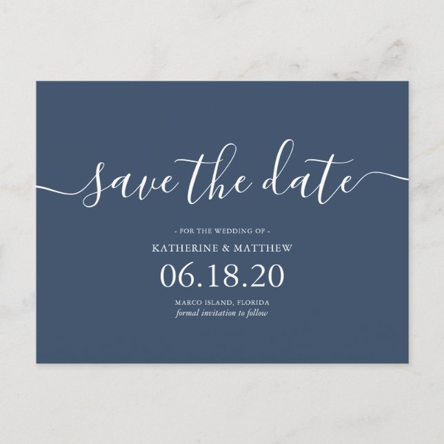 Carte Postale Faire-part Mariage de script moderne bleu sauvez la date (Devant)