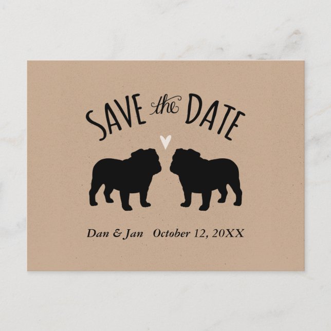 Carte Postale Faire-part Mariage de Silhouettes Bulldog Enregistrer la date (Devant)