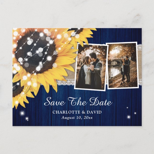 Carte Postale Faire-part Mariage de Tournesol Bleu Marine Photo Enregistrer (Devant)