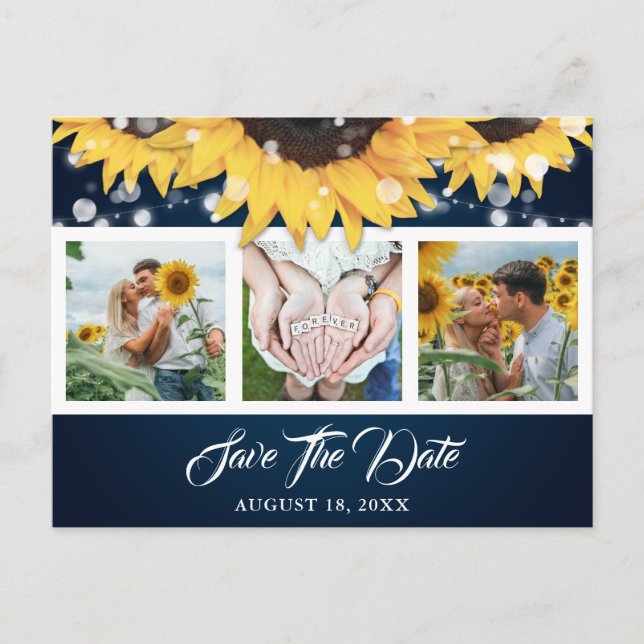 Carte Postale Faire-part Mariage de Tournesol Bleu Marine Photo Enregistrer (Devant)