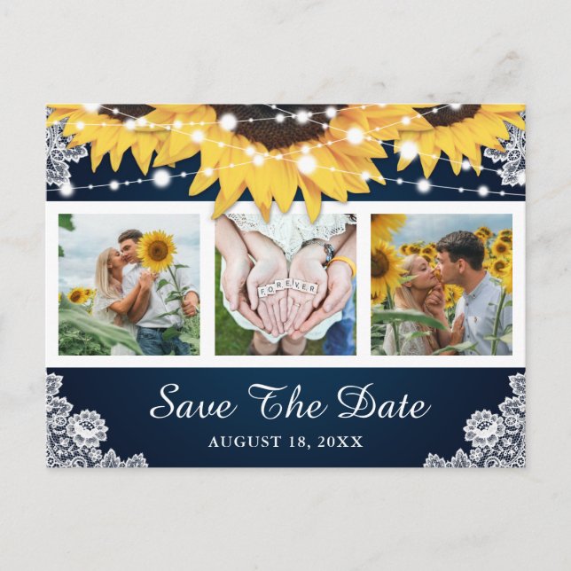 Carte Postale Faire-part Mariage De Tournesol En Dentelle De La Marine Phot (Devant)