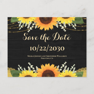 Carte Postale Faire-part Mariage de tournesol rustique en bois noir Enregis