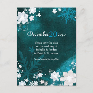 Carte Postale Faire-part Mariage d'hiver Blanc et Sarcelle, Enregistrez la
