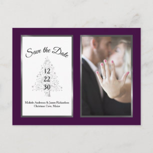 Carte Postale Faire-part Mariage d'hiver en argent violet Enregistrer la ph