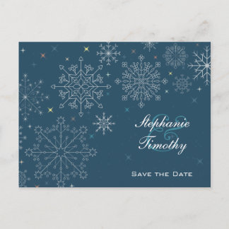 Carte Postale Faire-part Mariage d'hiver flocons de neige bleu marine, save