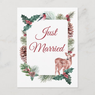 Carte Postale Faire-part Mariage d'Hiver Noël Floral Cerf