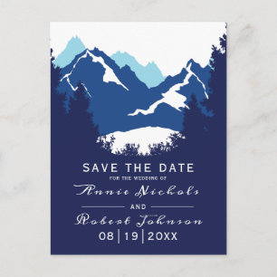 Carte Postale Faire-part Mariage d'hiver sur la montagne bleue Enregistrez