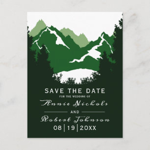 Carte Postale Faire-part Mariage d'hiver sur la montagne verte, retenez la