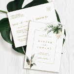 Carte Postale Faire-part Mariage d'or des Feuilles tropicaux Enregistrer la<br><div class="desc">Ce mariage sauver la date invitation carte postale comprend aquarelle vert feuillage tropical,  feuille de monstère,  feuilles de palmiers,  feuilles de bananes,  et faux or accents feuille. Il est parfait pour une plage ou un mariage de destination. >>> Découvrez l'ensemble de la collection >>> https://www.zazzle.com/collections/tropical_foliage_gold_collection-119316977990783186</div>