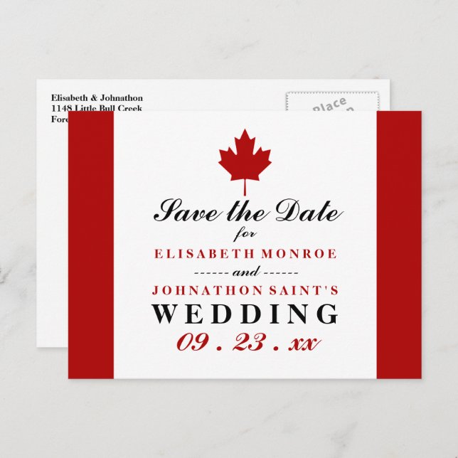 Carte Postale Faire-part Mariage Drapeau Canadien Enregistrer La Date (Devant / Derrière)