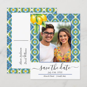 Carte Postale Faire-part Mariage du citron à carrelage bleu et jaune médite