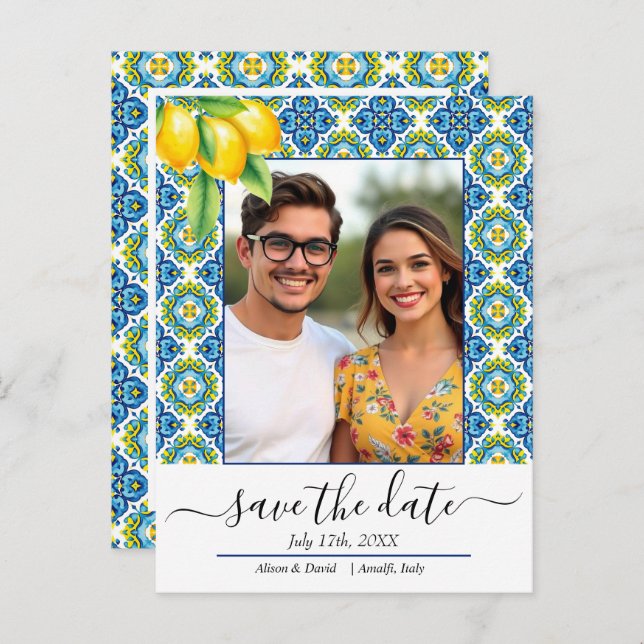 Carte Postale Faire-part Mariage du citron à carrelage bleu et jaune médite (Devant / Derrière)