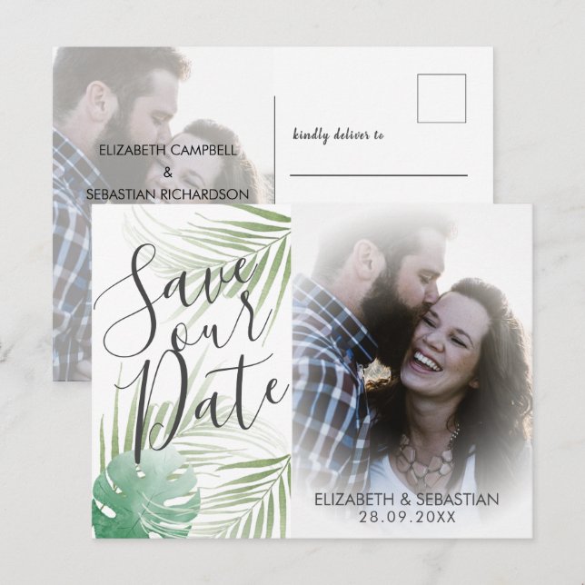 Carte Postale Faire-part Mariage Écriture Tropicale Végétalien Enregistrer  (Devant / Derrière)
