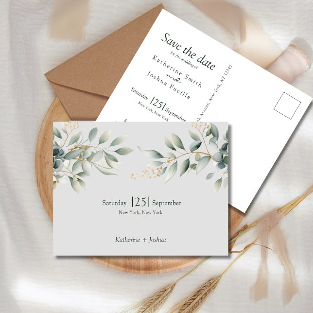 Carte Postale Faire-part Mariage Élégant Classique Eucalyptus Enregistrer l (Classic Eucalyptus Wedding Save the Date Postcard. Elegant Classic Style with watercolor eucalyptus)
