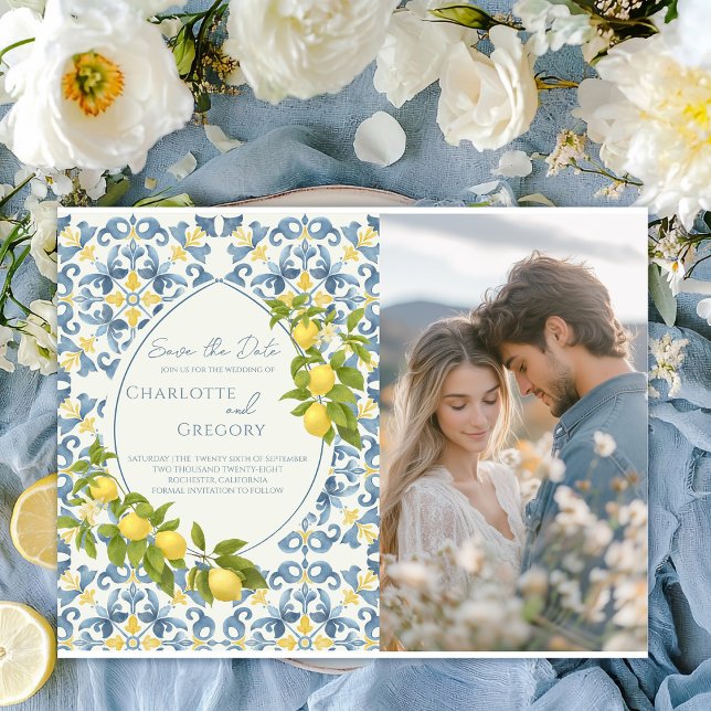Carte Postale Faire-part Mariage élégant italien carrelage bleu citron  (Créateur téléchargé)
