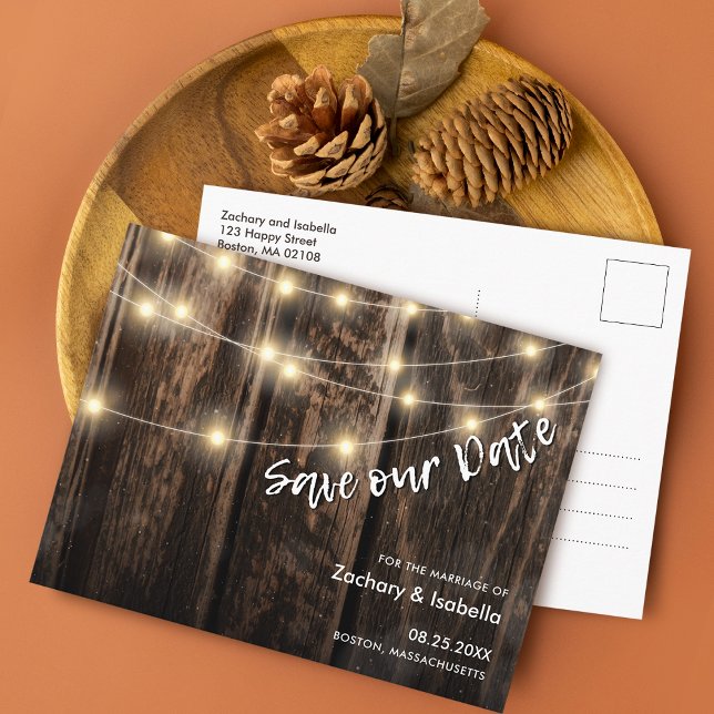 Carte Postale Faire-part Mariage en bois rustique Enregistrer la date (Rustic Wood Lights Wedding Save the Date Announcement Postcard)