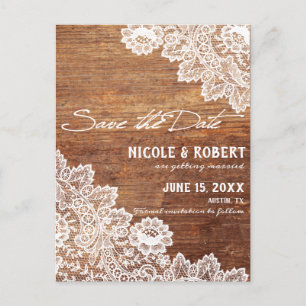 Carte Postale Faire-part Mariage en dentelle blanche en bois rustique Enreg