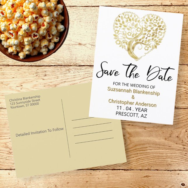 Carte Postale Faire-part Mariage Enregistrer La Date Arbre Doré Cœur (front and back template save the date postcard)