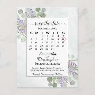 Carte Postale Faire-part Mariage Enregistrer la date Calendrier Eucalyptus 
