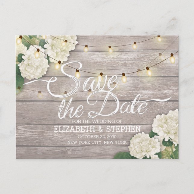 Carte Postale Faire-part Mariage Enregistrer La Date Hydrangea String Light (Devant)
