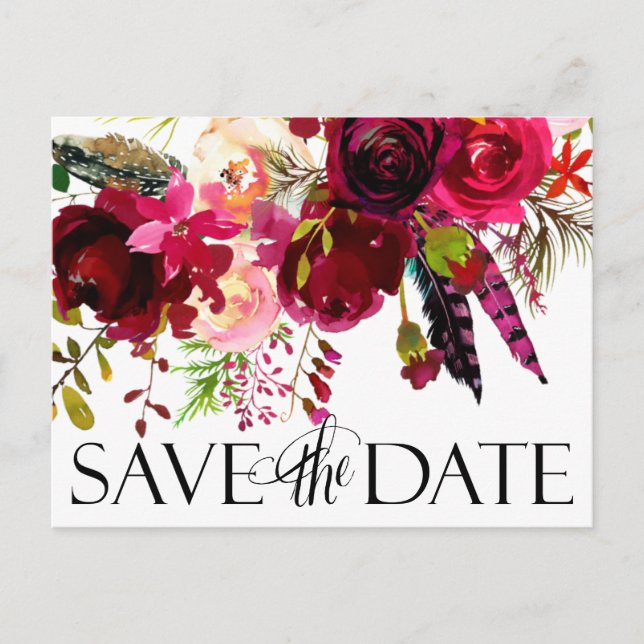 Carte Postale Faire-part Mariage Enregistrer Les Dates | Boho floral (Devant)