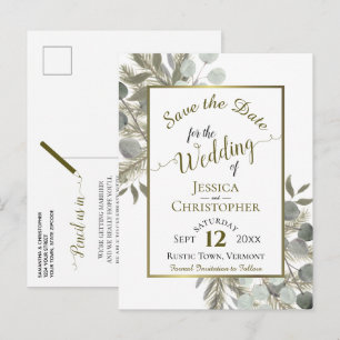 Carte Postale Faire-part Mariage Eucalyptus & Pin Doré Enregistrez la Date