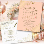 Carte Postale Faire-part Mariage fantaisie or & pêche Enregistrer le calend<br><div class="desc">Cette belle sauvegarde de la date carte postale donnera à vos amis et à votre famille un préavis de votre prochain mariage. Il dispose d'un design intelligent avec un calendrier personnalisé où vous pouvez mettre un coeur autour de votre date mariage. L'arrière - plan est de couleur orange pâle, corail...</div>