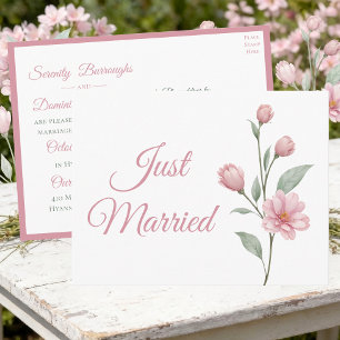 Carte Postale Faire-part Mariage Fleur Aquarelle Sauge Rose Just Married