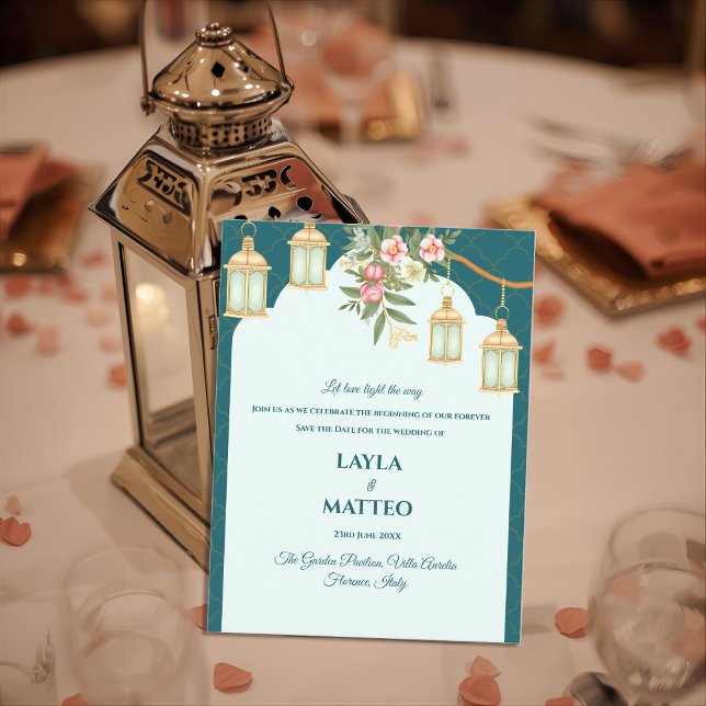 Carte Postale Faire-part Mariage Fleurie Lanterne Dorée Bleu Sarcelle (Golden Lantern Floral Teal Blue Wedding Announcement Postcard)
