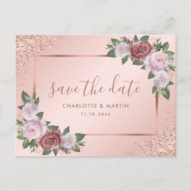 Carte Postale Faire-part Mariage Fleuris Luxueux Rose Gold et Rose Pâle (Devant)