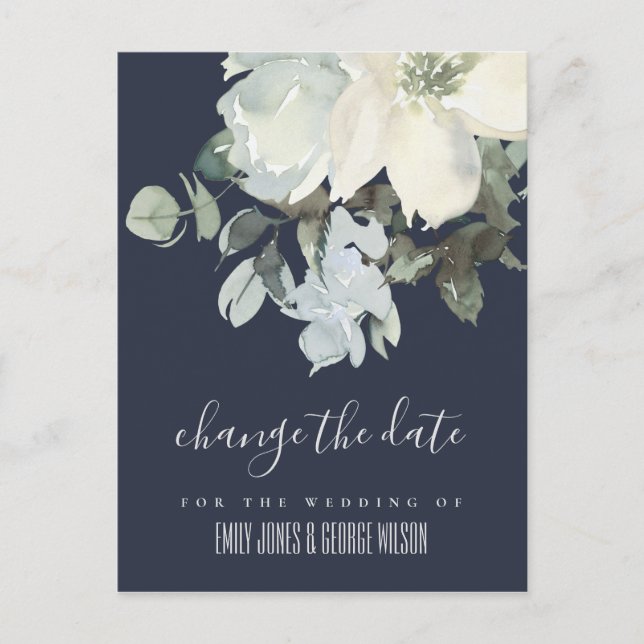 CARTE POSTALE FAIRE-PART MARIAGE FLEURS BLANC IVOIRE NAVY CHANGEMENT DE DAT (Devant)