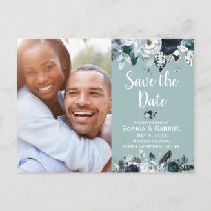 Carte Postale Faire-part Mariage Fleurs Bleu Marine Blanc Vert Épargnez la